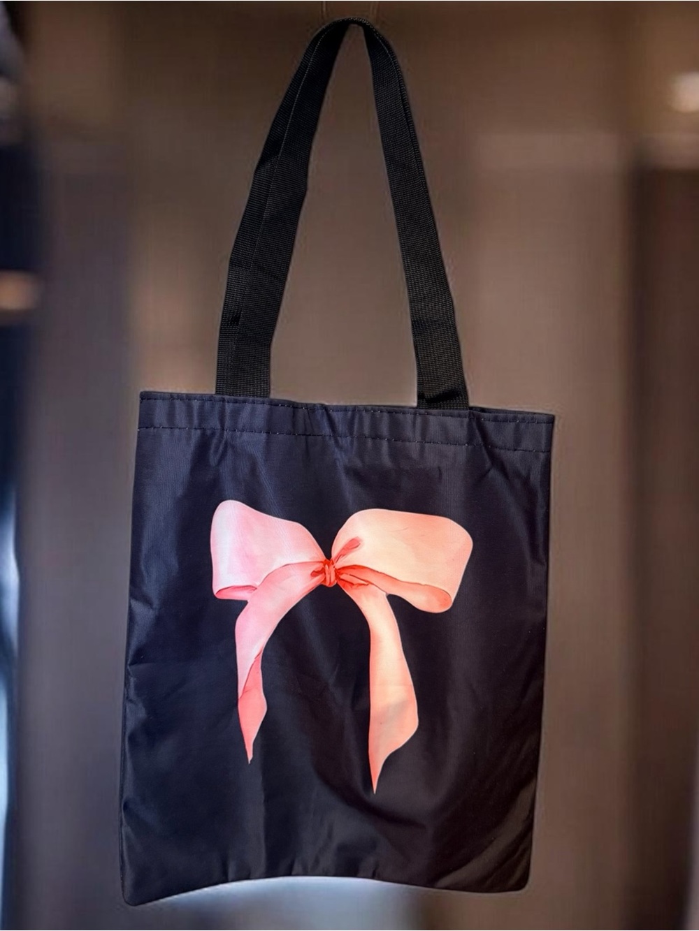 Black Tote with Pink Bow Graphic